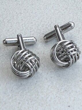 Vintage Metal Knot Cufflinks 90s Silver Tone Metal Braided Cuff Links